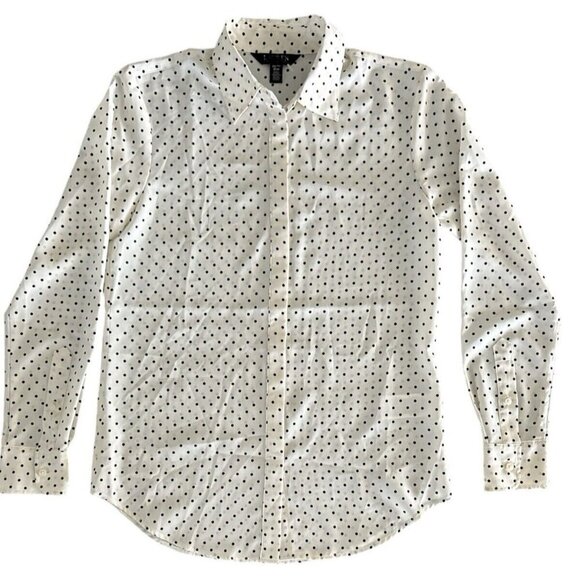 Lauren Ralph Lauren Button Up Blouse Ivory with Navy Polka Dots Classic Size XS - Picture 13 of 16